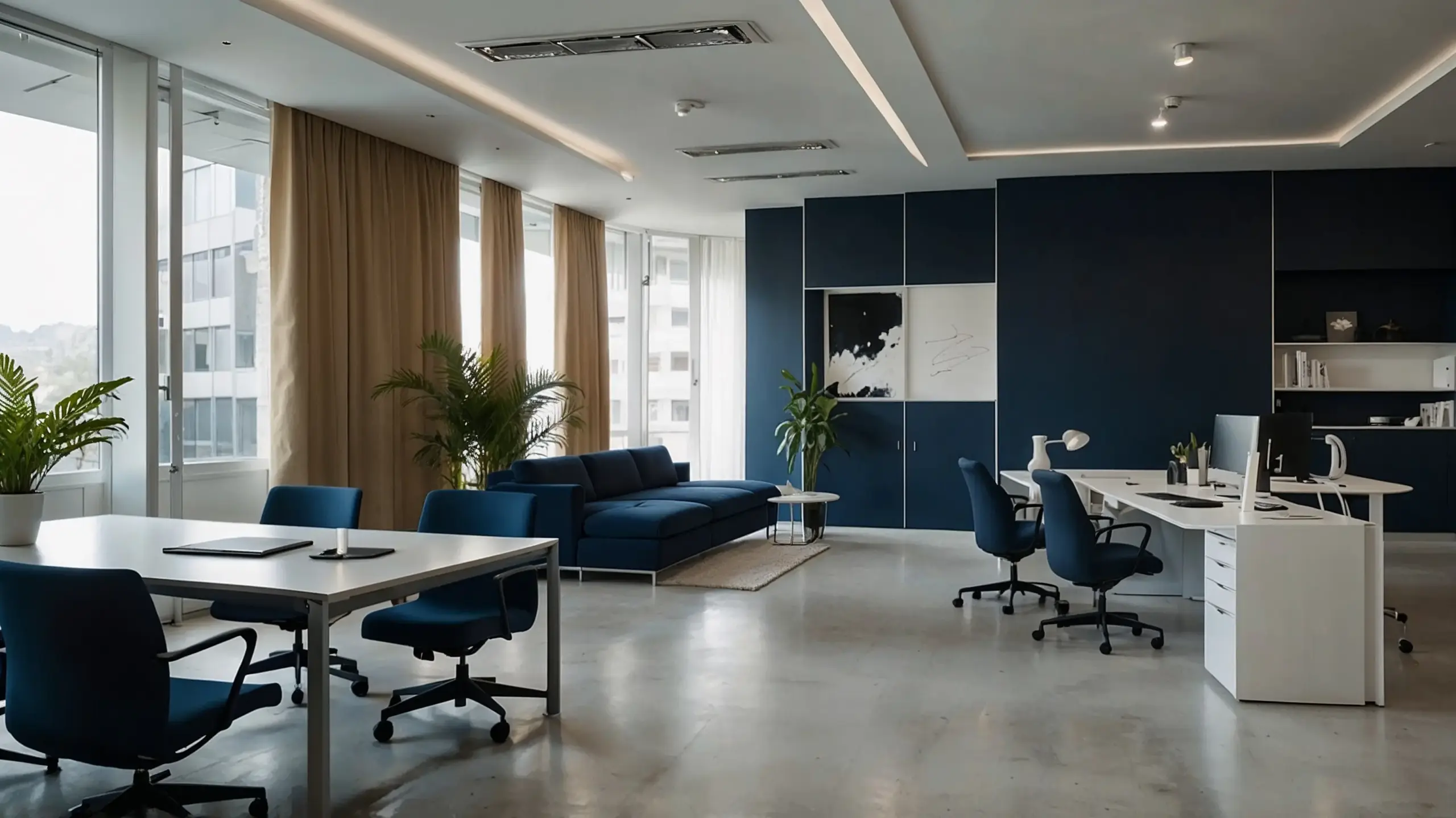 Reinigungsdienst-Mainz Modernes Büro in Mainz mit weißen Schreibtischen, blauen Drehstühlen und einer gemütlichen blauen Couch. Große Fenster sorgen für viel Tageslicht, während Pflanzen und minimalistisches Mobiliar eine ruhige Atmosphäre schaffen.