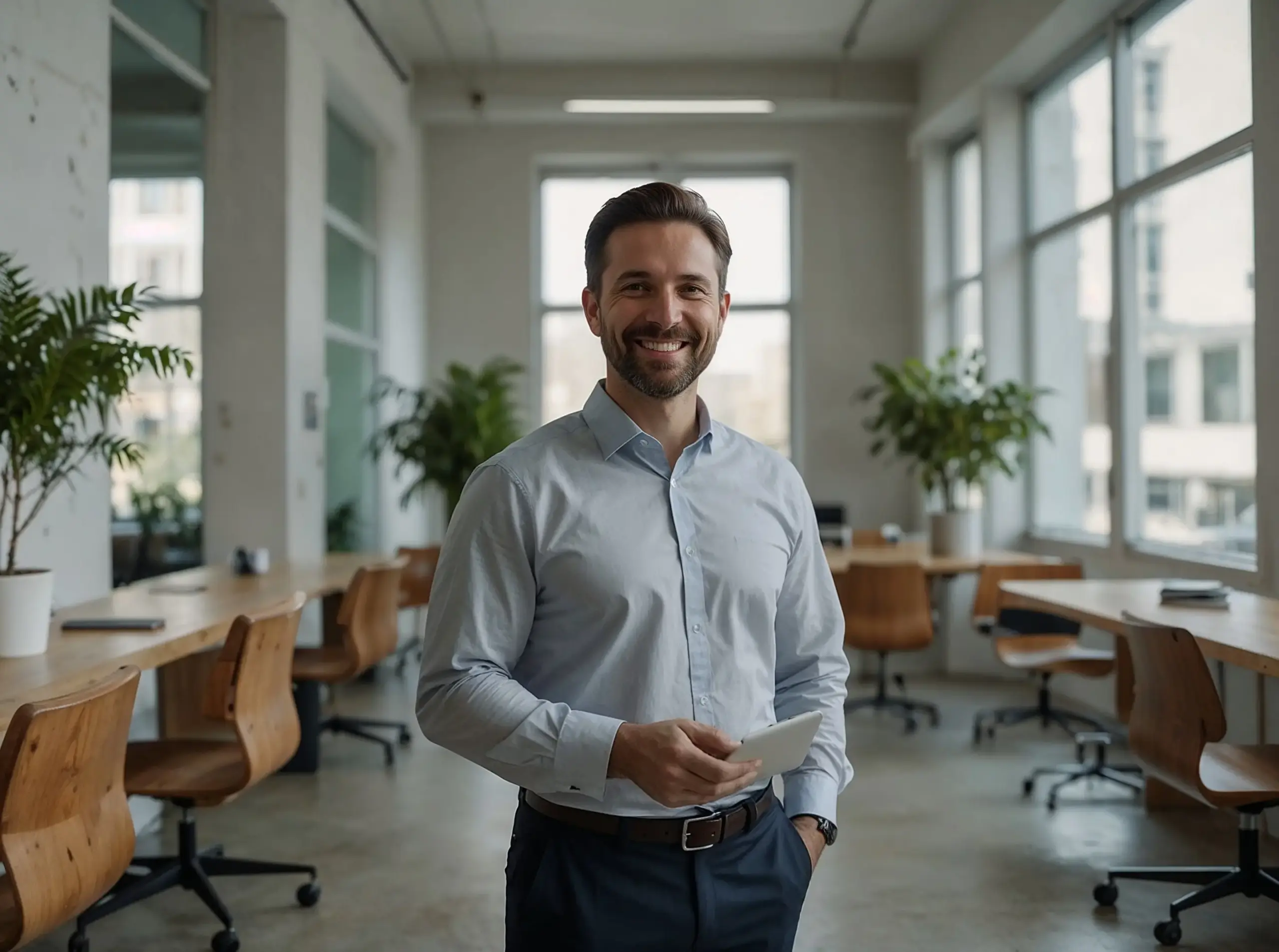 Lächelnder Servicemitarbeiter in hellem, modernem Büro hält ein Smartphone; lange Holztische, Drehstühle und Grünpflanzen im Hintergrund.